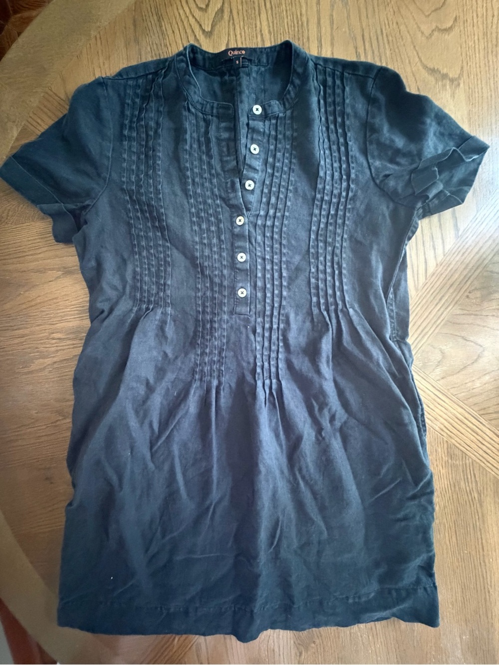 Quince Black Pintuck Button-Front 100% EUROPEAN LINEN Dress with Pockets